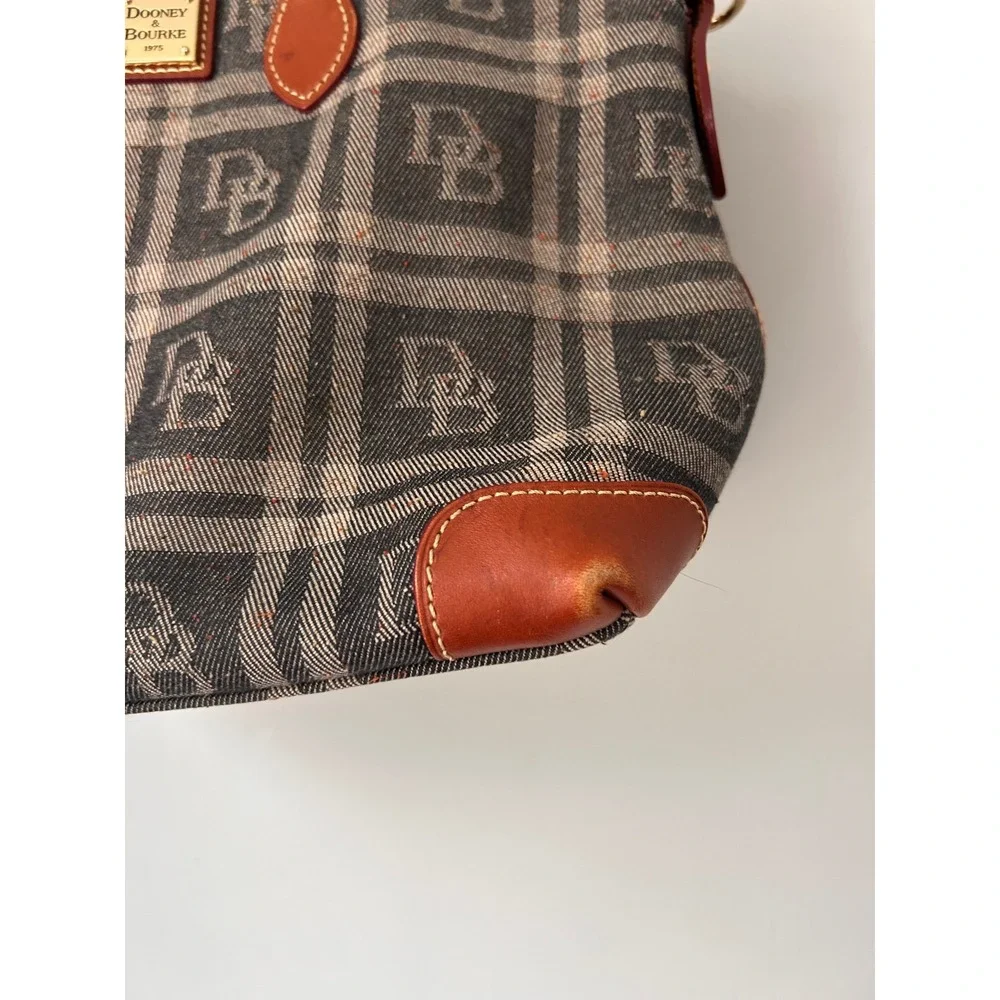 Dooney & Bourke Monogram Plaid Satchel Bag Leather Trim Cognac Gray